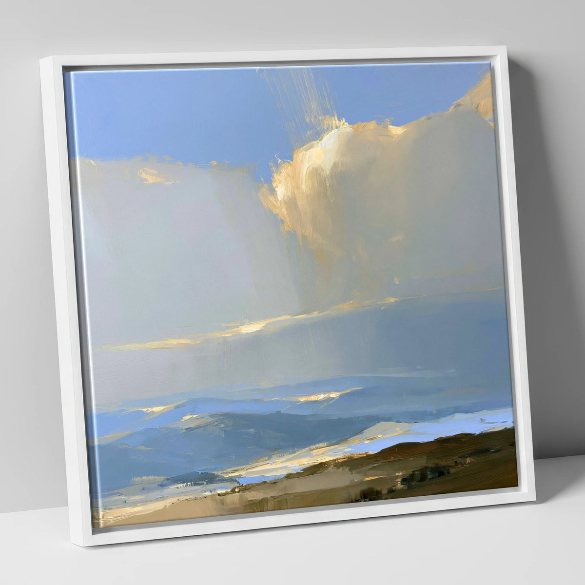 Sunlit Cloud Over Rolling Fells lake district fell canvas wall art in white frame