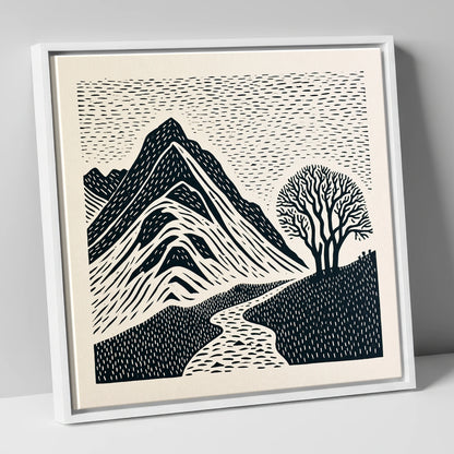 Graphic Bowfell and Lone Tree lake district fell canvas wall art in white frame