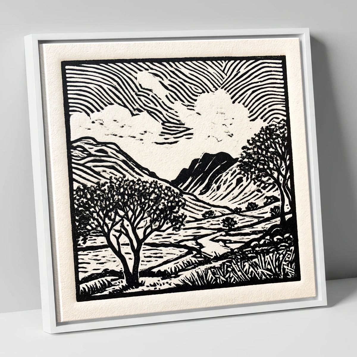 Black and White Eskdale Valley lake district valley canvas wall art in white frame