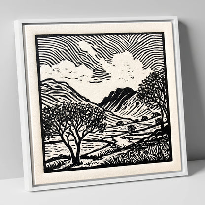 Black and White Eskdale Valley lake district valley canvas wall art in white frame