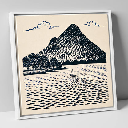Graphic Catbells and Sailing Boat lake district fell canvas wall art in white frame