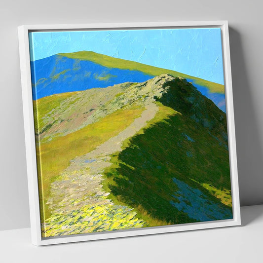 Sunlit Ridge on Place Fell lake district fell canvas wall art in white frame