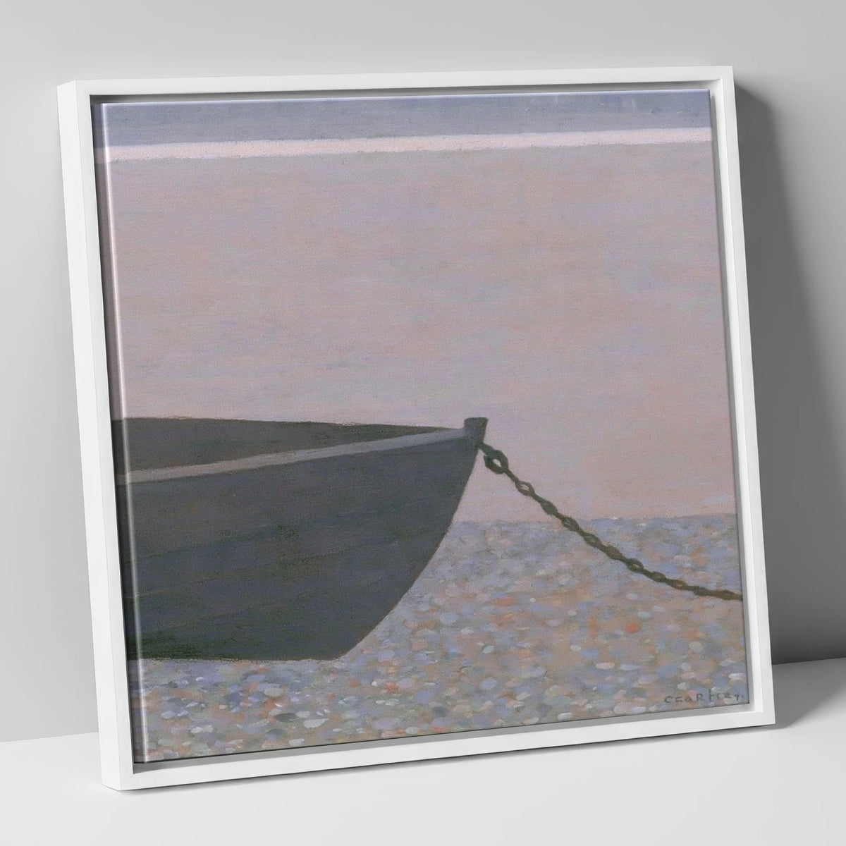 Windermere Boat on Pebble Shore lake district lake canvas wall art in white frame