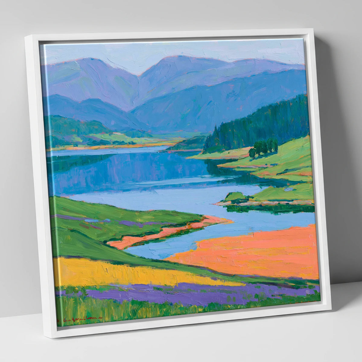 Vibrant Lake and Violet Fells lake district lake canvas wall art in white frame