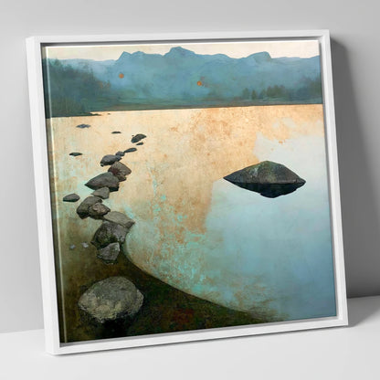 Scattered Rocks on Golden Elterwater lake district lake canvas wall art in white frame