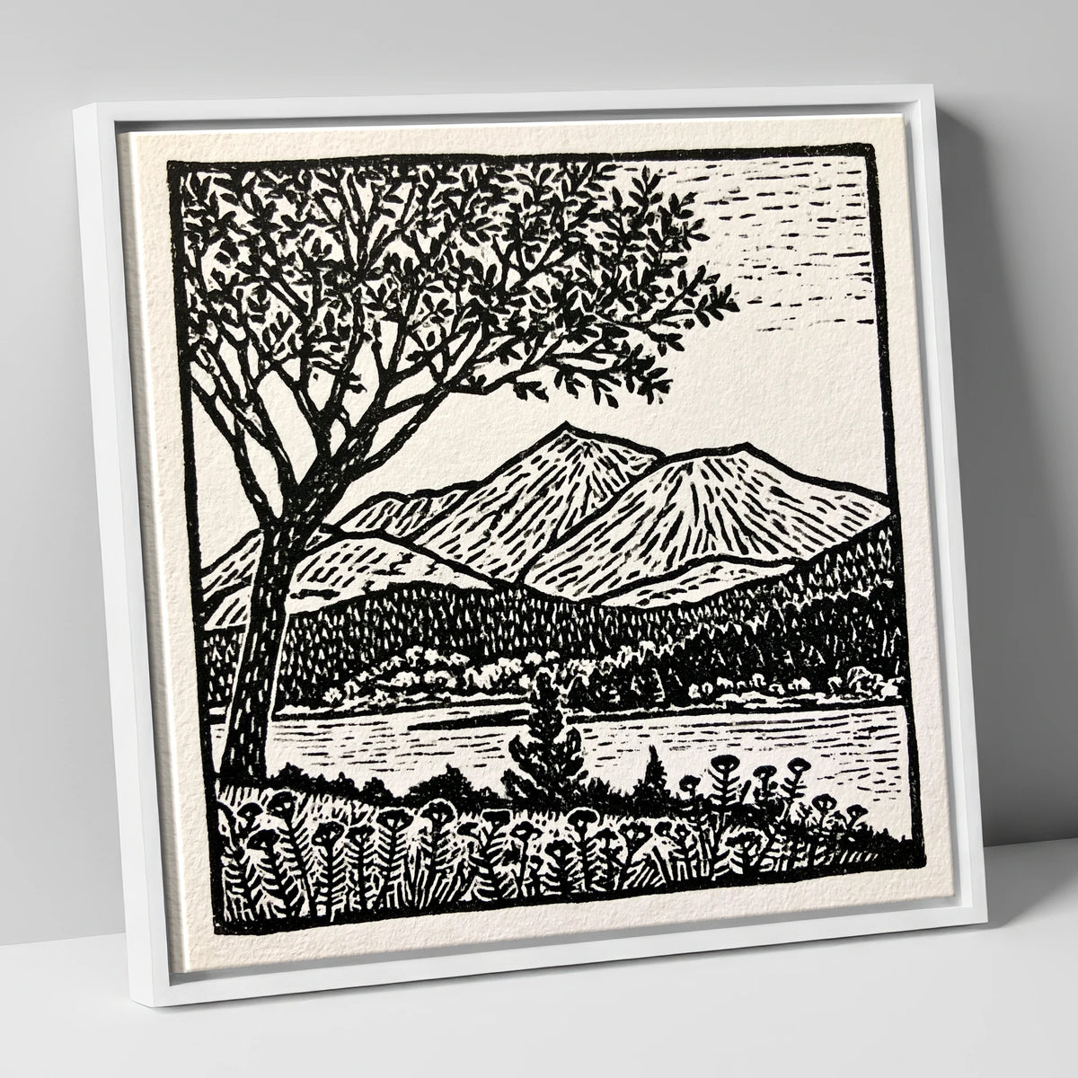 Monochrome Skiddaw and Lake lake district fell canvas wall art in white frame