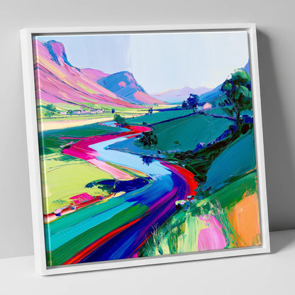 Vivid Winding River Through Fells lake district waterfall canvas wall art in white frame