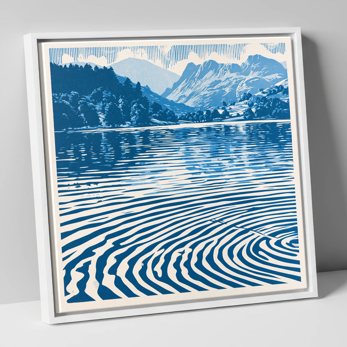 Cobalt Blue Lake at Dawn lake district lake canvas wall art in white frame