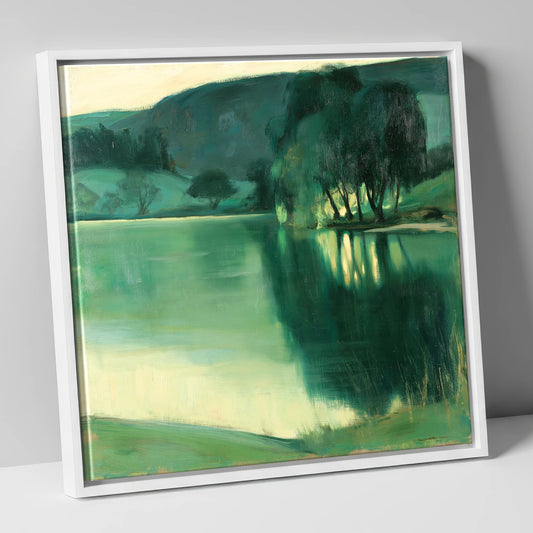 Emerald Reflections on a Calm Lake lake district lake canvas wall art in white frame