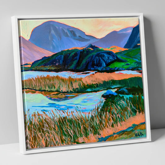 Vivid Tarn Beneath Haystacks lake district fell canvas wall art in white frame