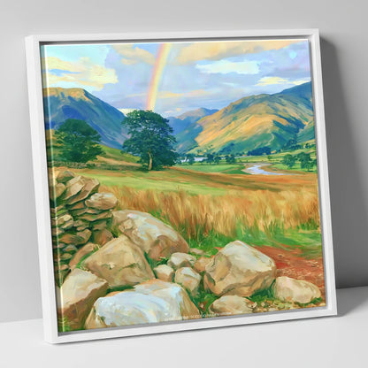 Rainbow Over a Sunlit Valley lake district sky canvas wall art in white frame