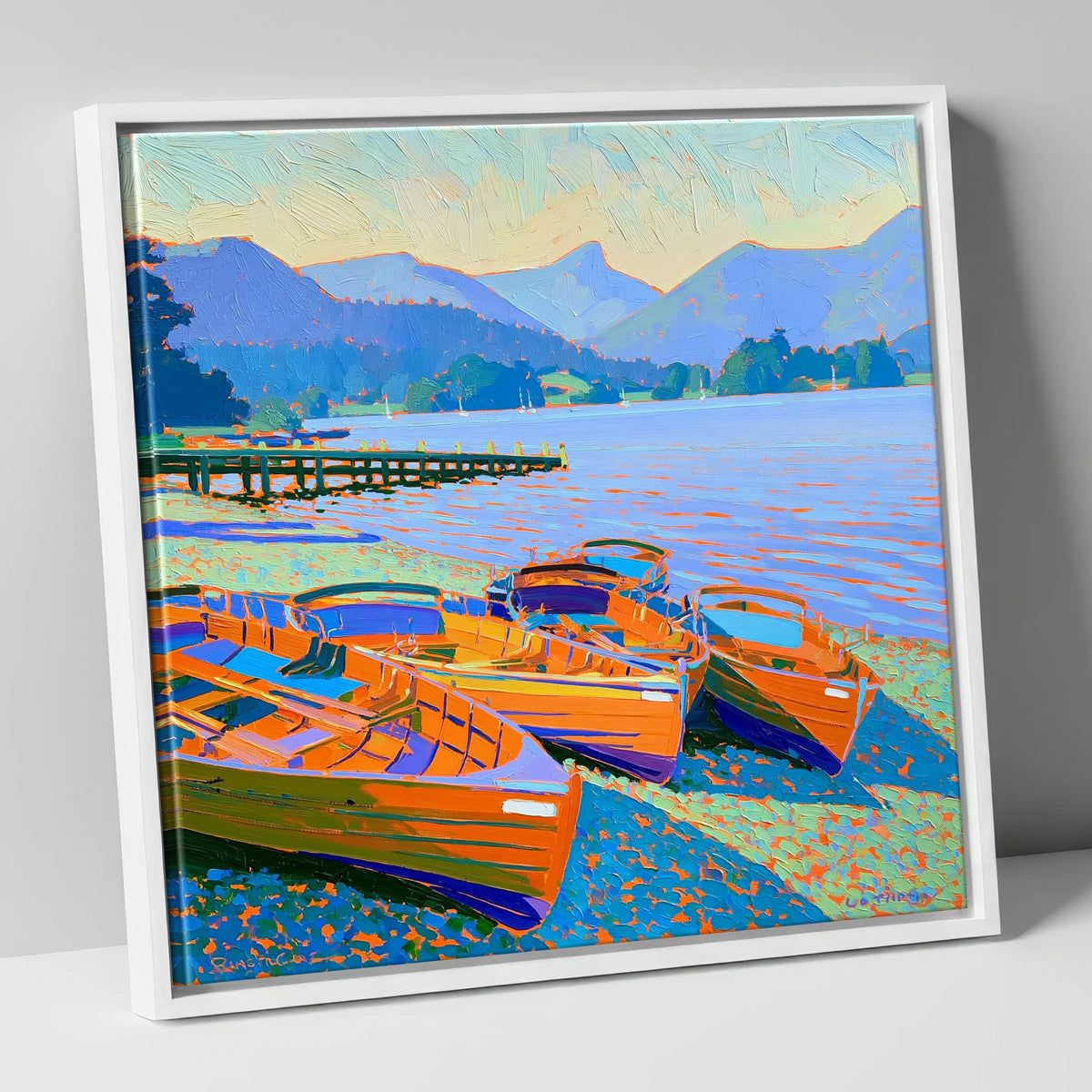 Vibrant Rowing Boats on Windermere lake district lake canvas wall art in white frame