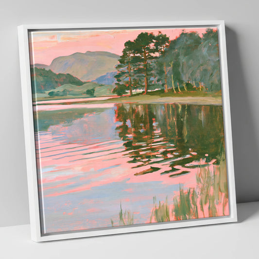 Pastel Reflections on a Calm Lake lake district lake canvas wall art in white frame