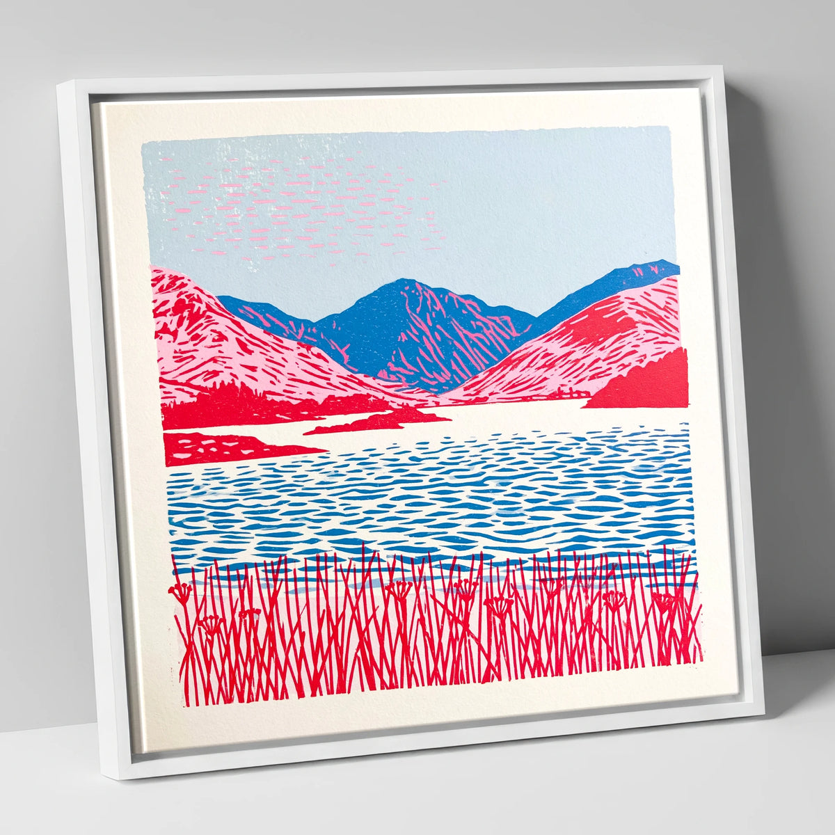 Vibrant Pink Fells and Lake lake district lake canvas wall art in white frame