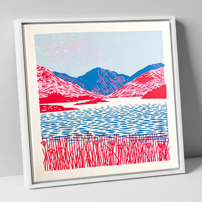 Vibrant Pink Fells and Lake lake district lake canvas wall art in white frame