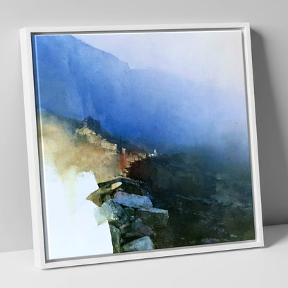 Valley Wall in Indigo Mist lake district valley canvas wall art in white frame