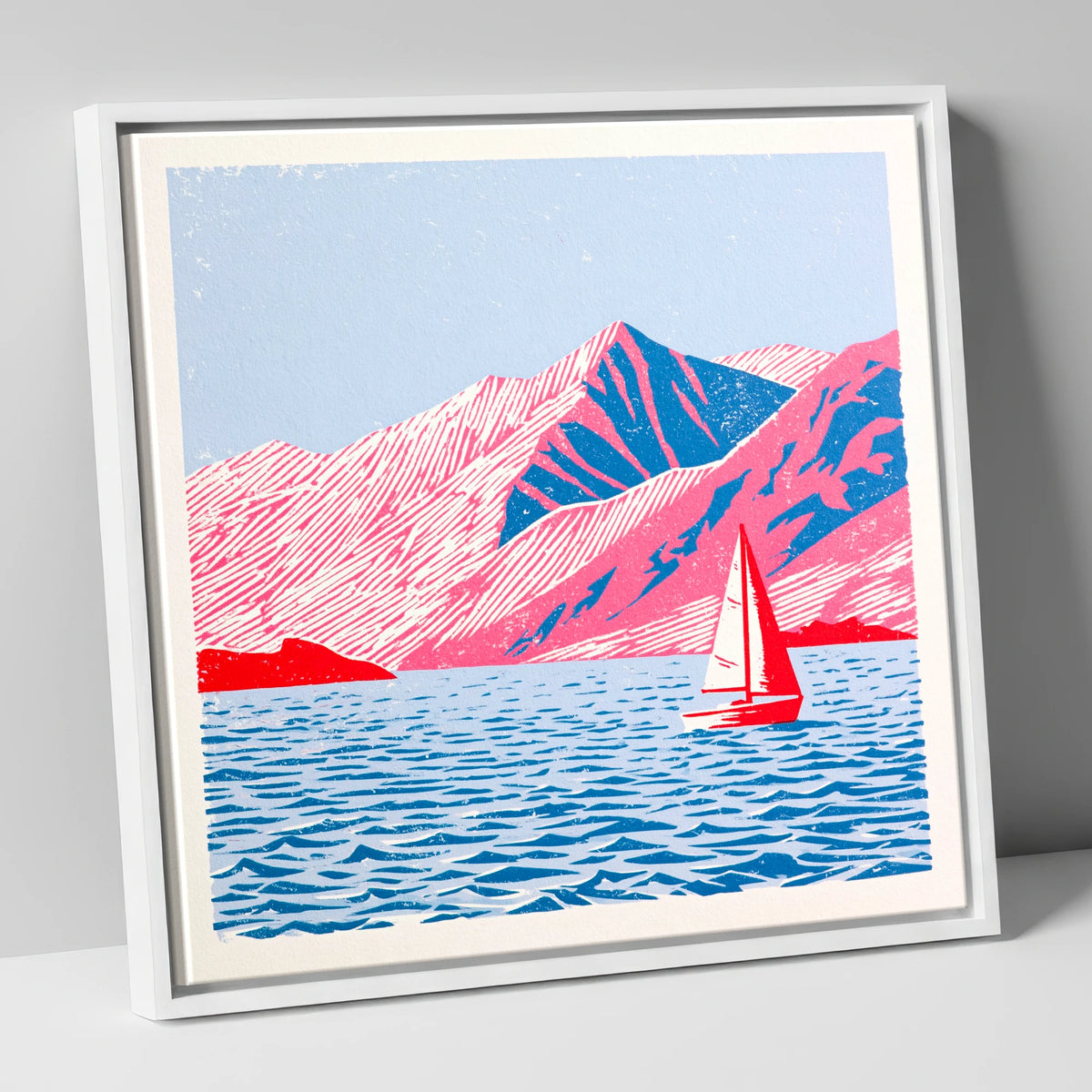 Red Sailboat on Vibrant Ullswater lake district lake canvas wall art in white frame