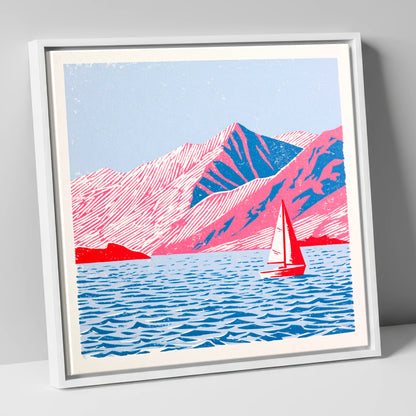 Red Sailboat on Vibrant Ullswater lake district lake canvas wall art in white frame
