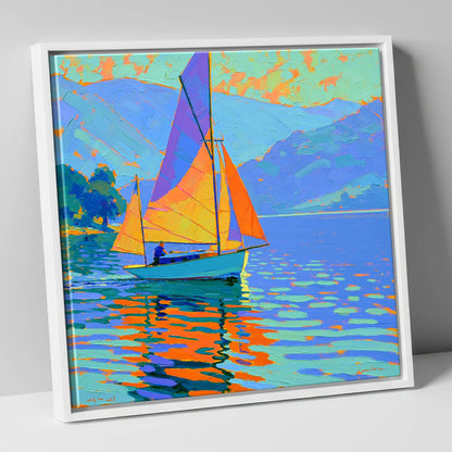 Vibrant Sails on a Breezy Lake lake district walking canvas wall art in white frame