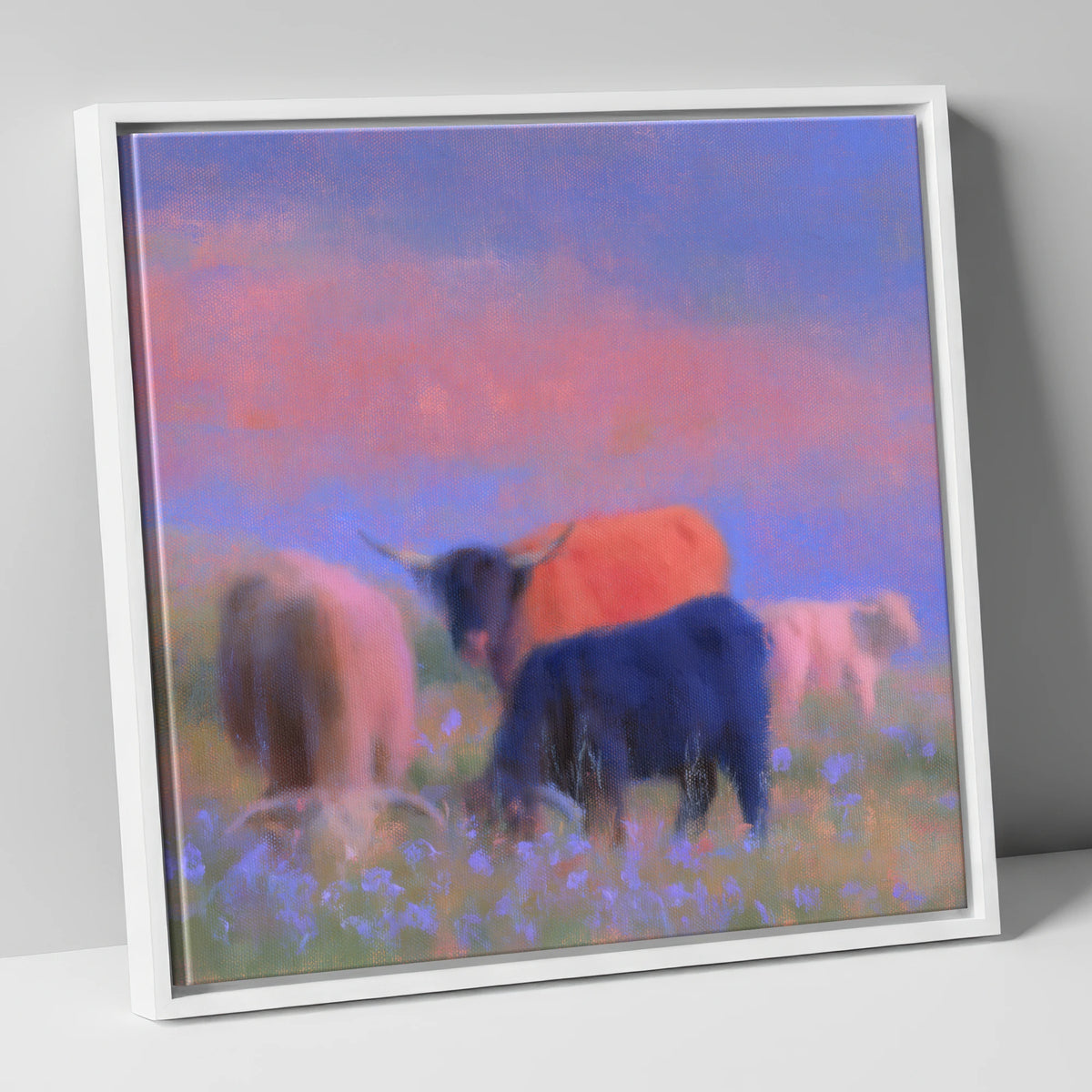 Highland Cattle in Pink Twilight lake district wildlife canvas wall art in white frame