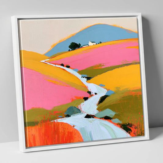 Colourful Fellside Beck and Cottage lake district waterfall canvas wall art in white frame