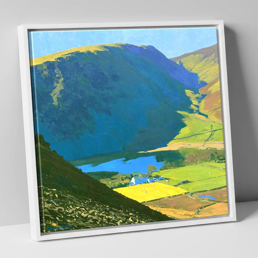 High Seat Over Vibrant Fields lake district fell canvas wall art in white frame