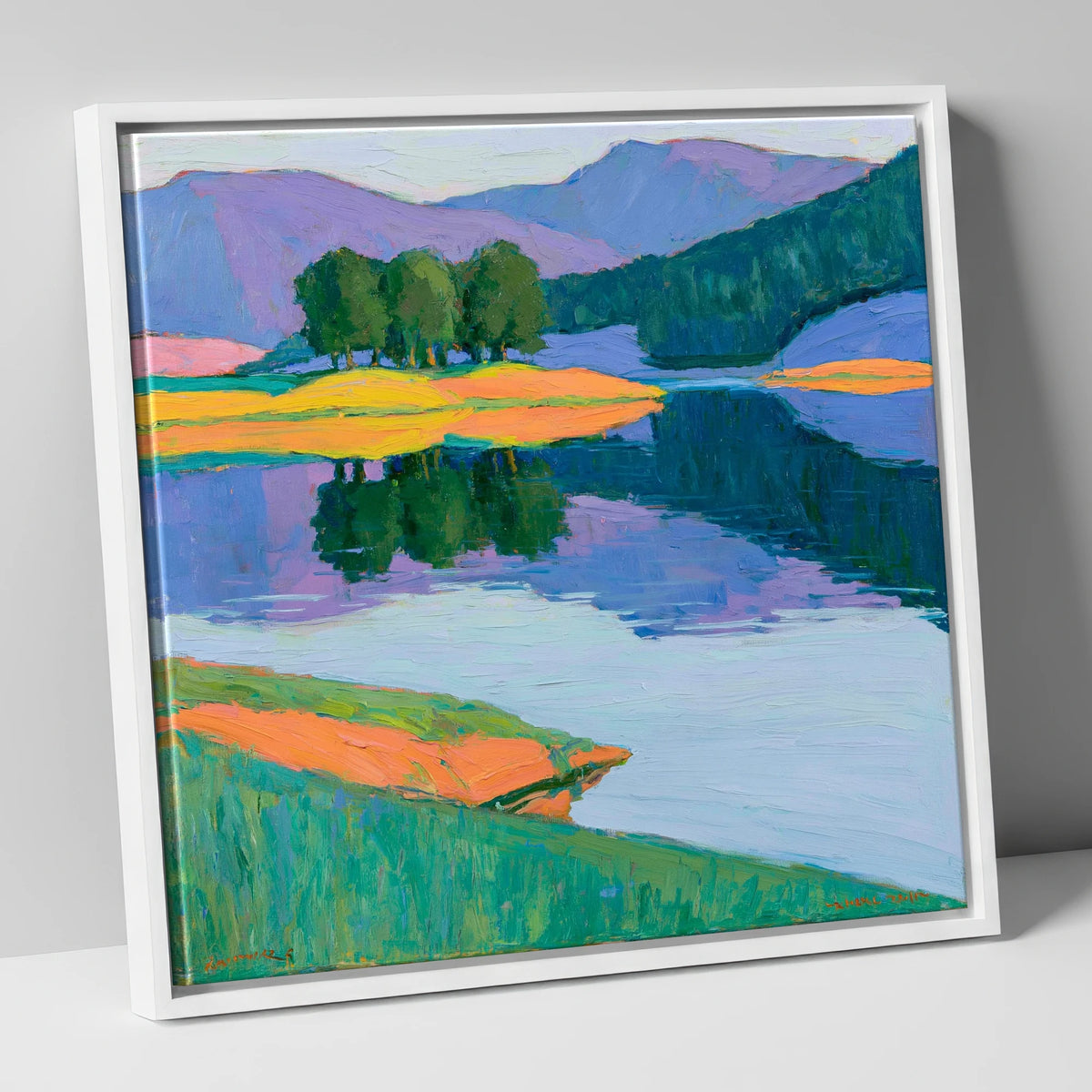 Vivid Reflections on the Lake lake district lake canvas wall art in white frame