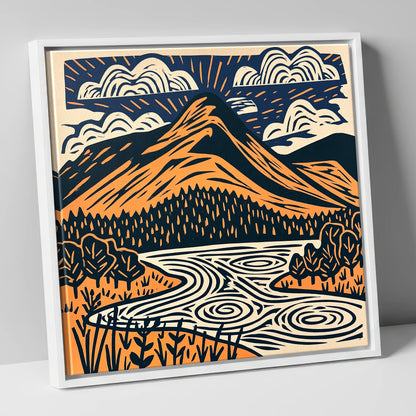 Catbells in Terracotta and Navy lake district fell canvas wall art in white frame