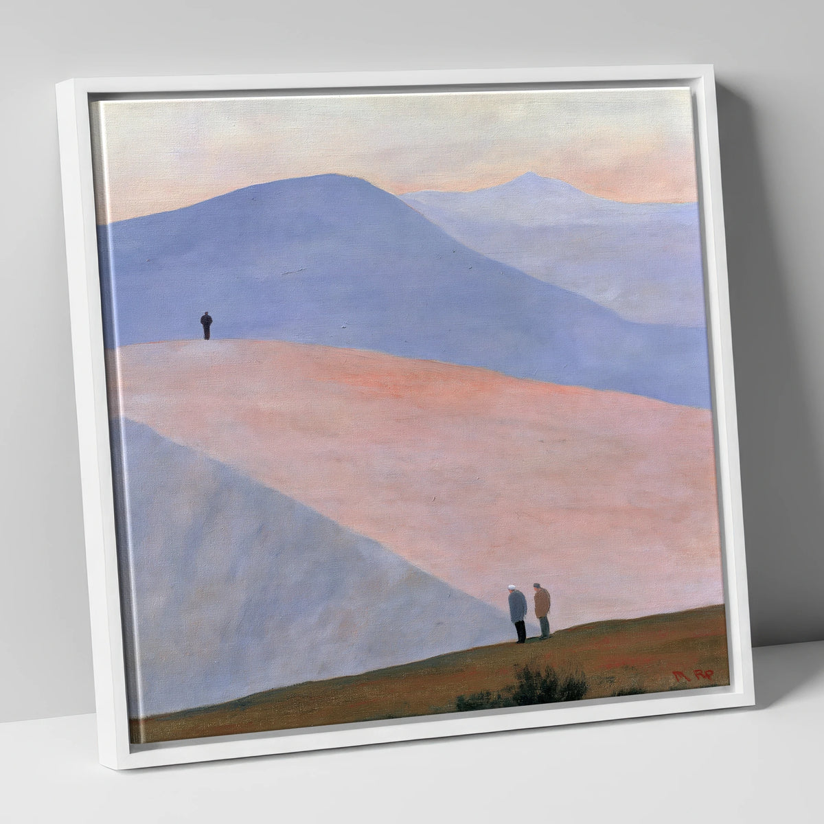 Hikers on Sweeping Pastel Fells lake district fell canvas wall art in white frame