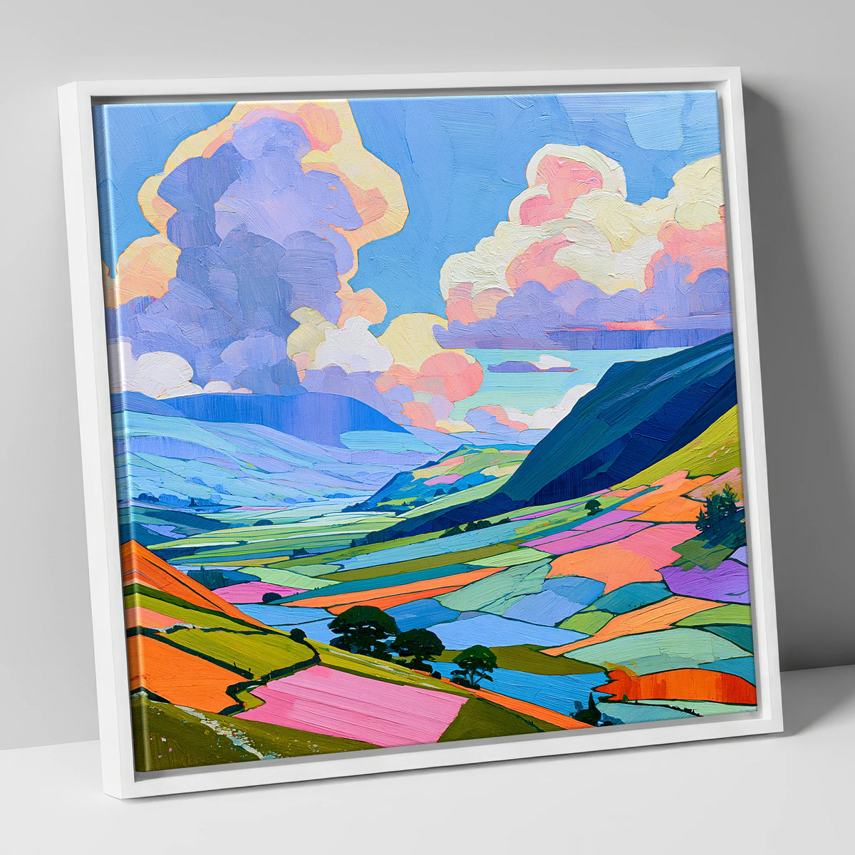 Lavender Clouds Over Rolling Fells lake district fell canvas wall art in white frame