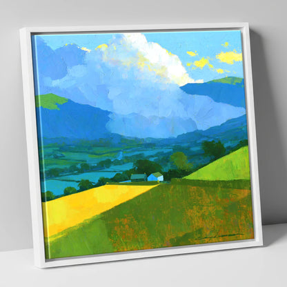 Vibrant Valley Fields and Towering Clouds lake district sky canvas wall art in white frame