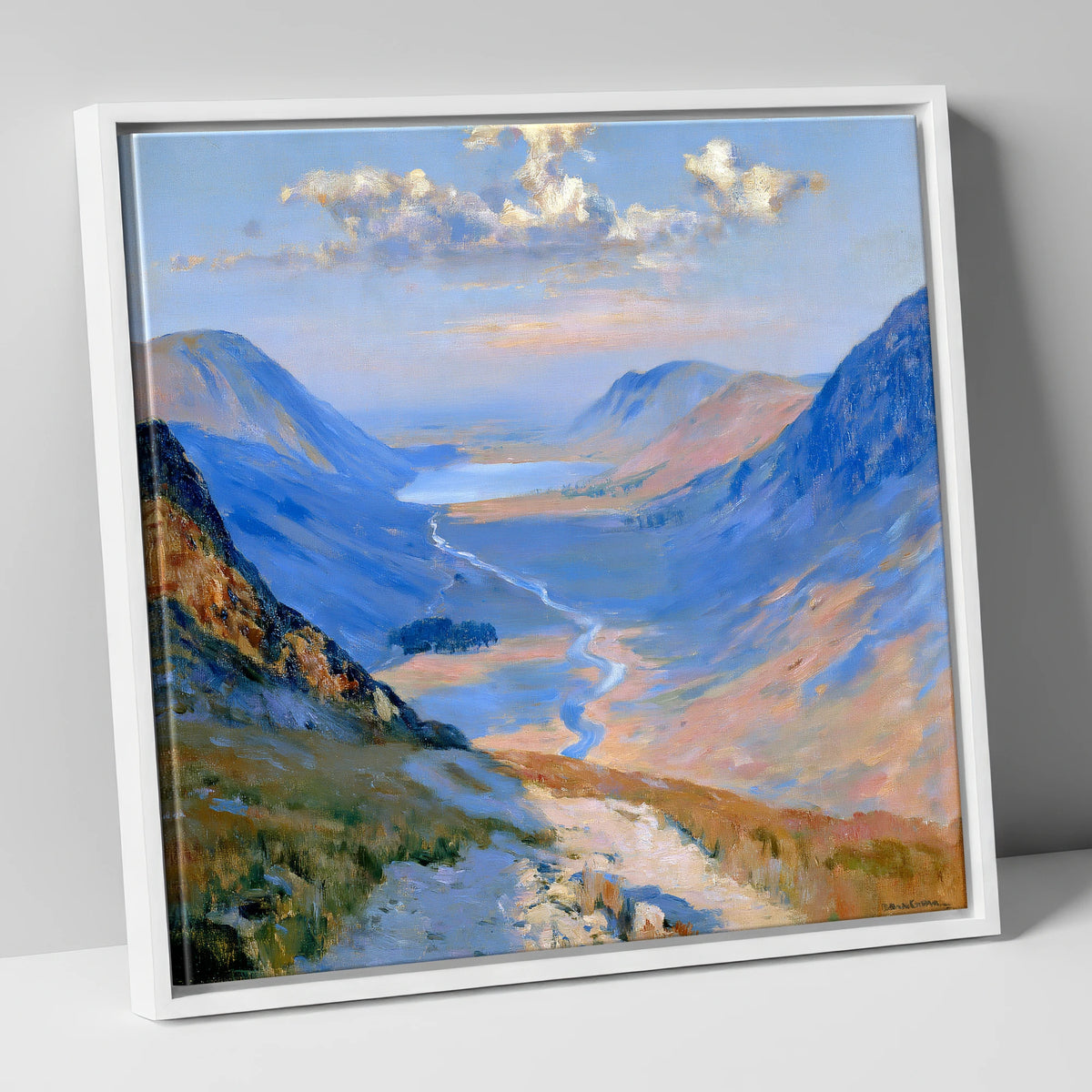 Sunlit Valley Trail from Haystacks lake district fell canvas wall art in white frame