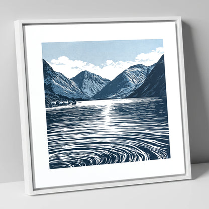 Wastwater Fells in Deep Navy lake district lake canvas wall art in white frame