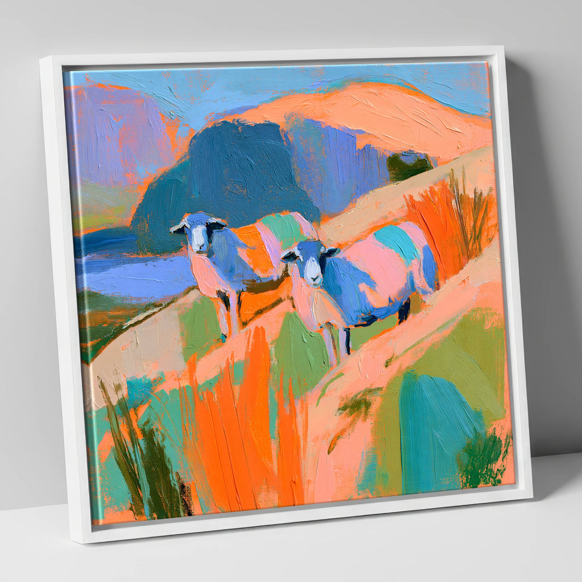 Colourful Herdwick Sheep on Fellside lake district wildlife canvas wall art in white frame
