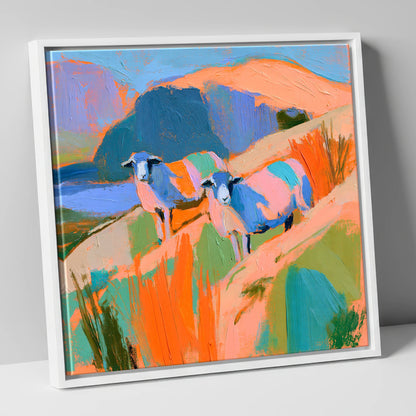 Colourful Herdwick Sheep on Fellside lake district wildlife canvas wall art in white frame