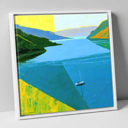 Ullswater Sailboat in Vibrant Blue lake district lake canvas wall art in white frame