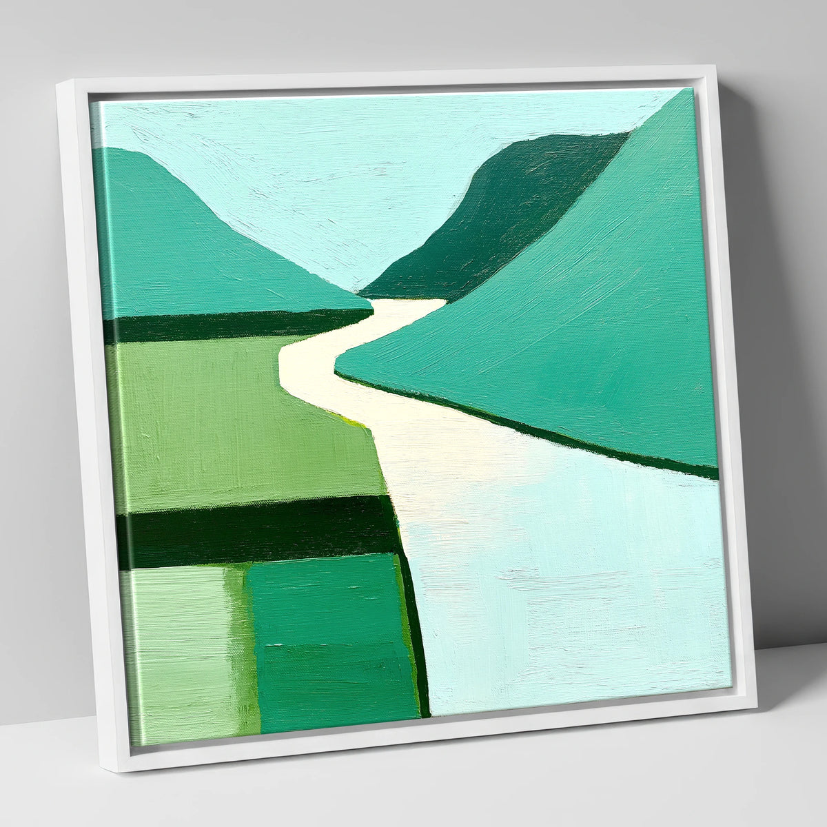 Abstract Green Wasdale Valley lake district valley canvas wall art in white frame