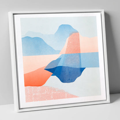 Abstract Grasmere in Coral and Cerulean lake district lake canvas wall art in white frame