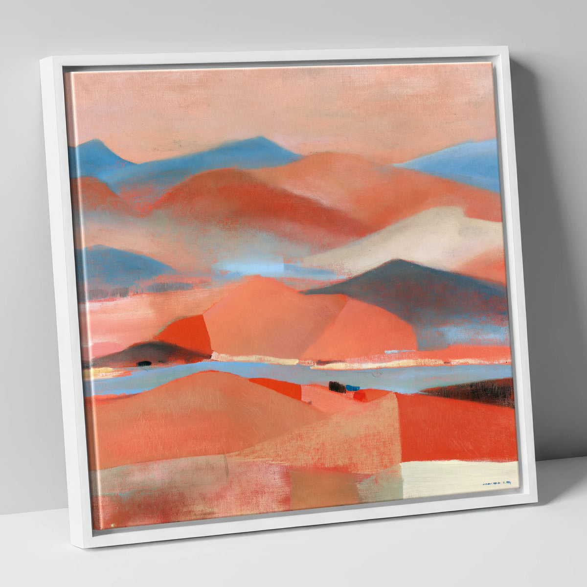 Abstract Summit View in Terracotta lake district fell canvas wall art in white frame