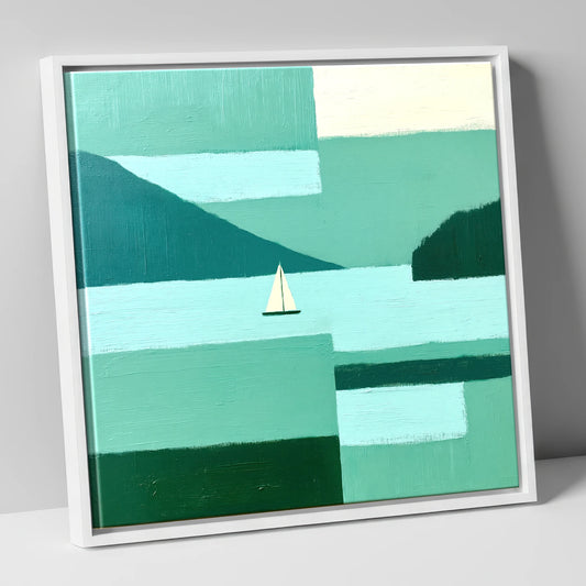 Abstract Derwentwater Sailboat lake district lake canvas wall art in white frame