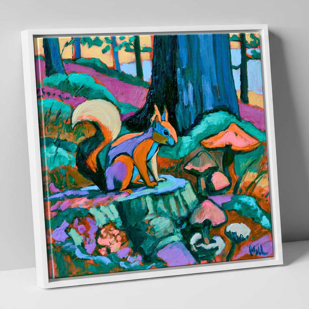 Red Squirrel in Vivid Woodland lake district wildlife canvas wall art in white frame
