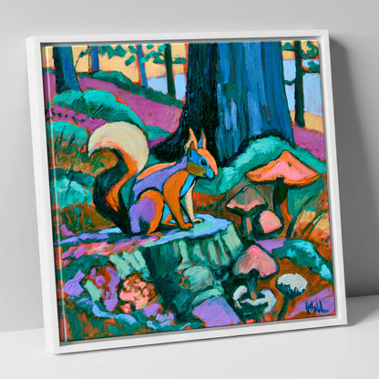 Red Squirrel in Vivid Woodland lake district wildlife canvas wall art in white frame