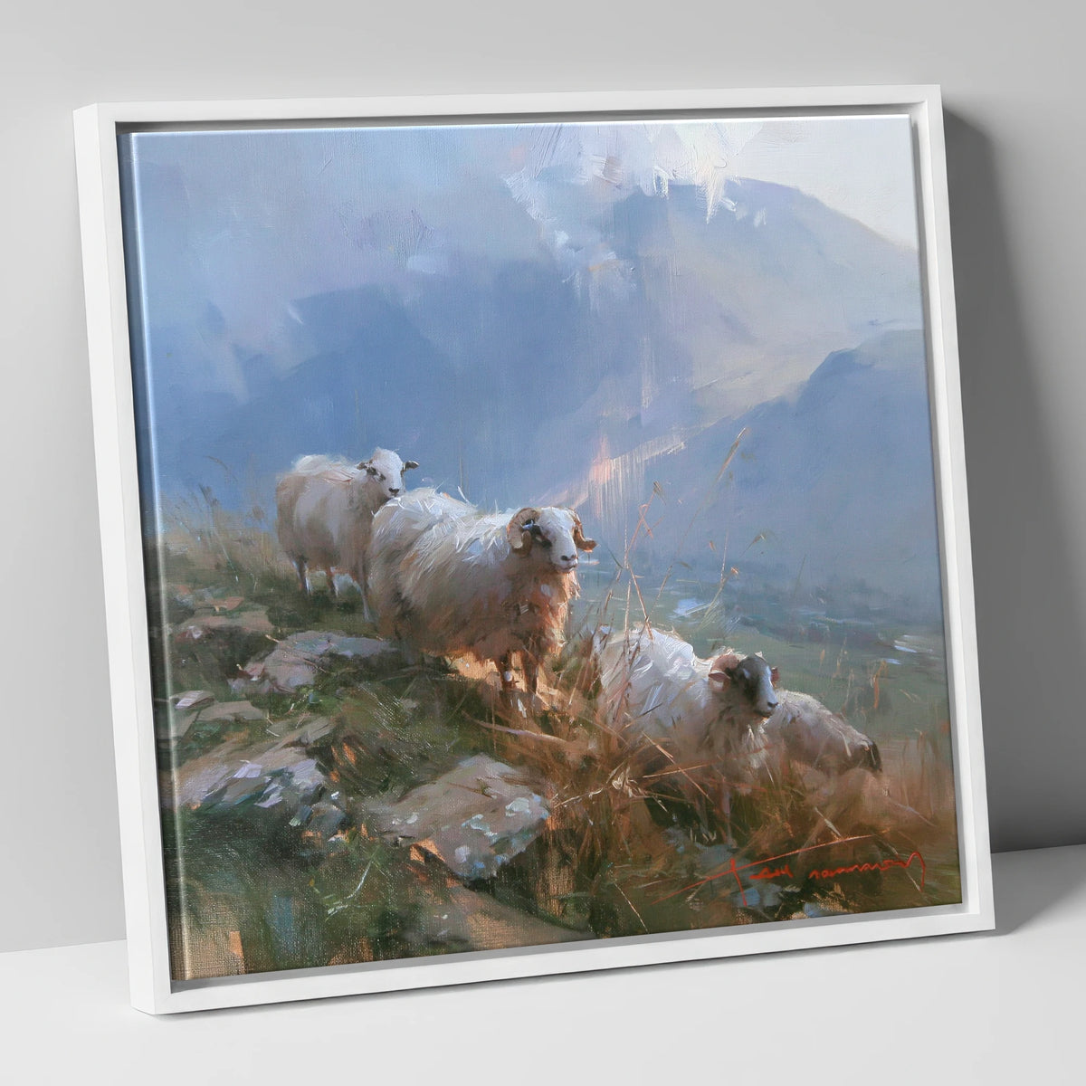 Herdwick Sheep on a Sunlit Fell lake district wildlife canvas wall art in white frame