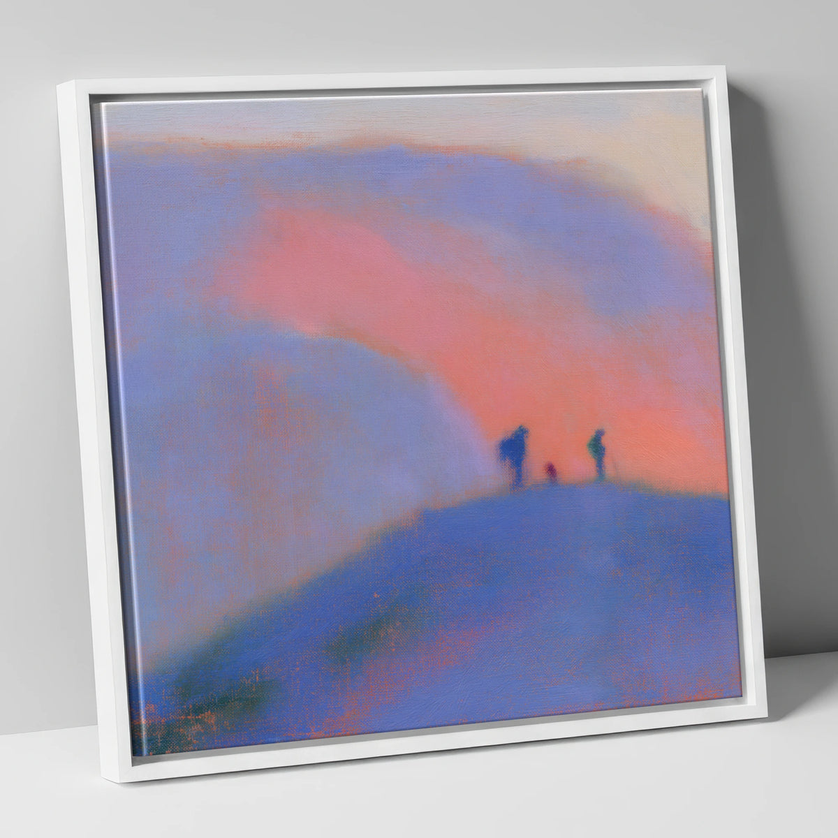 Hikers on a Twilight Fell lake district fell canvas wall art in white frame