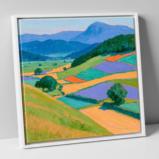Violet And Ochre Dale Fields lake district valley canvas wall art in white frame