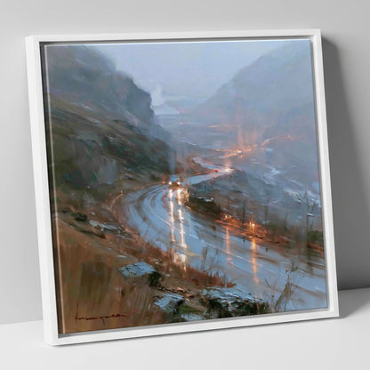 Rainy Mountain Pass at Dusk lake district valley canvas wall art in white frame