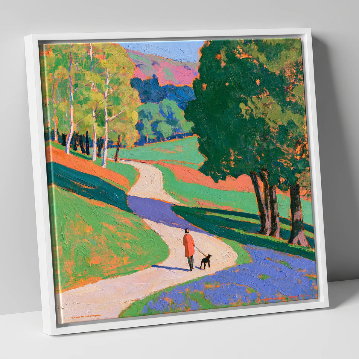 Vibrant Grasmere Dog Walk gifts for dog walkers canvas wall art in white frame
