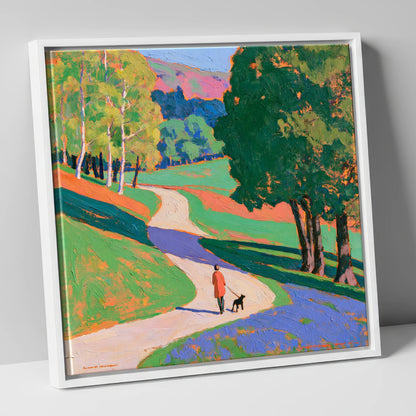 Vibrant Grasmere Dog Walk gifts for dog walkers canvas wall art in white frame