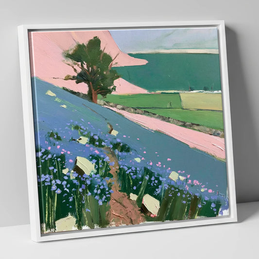 Vibrant Rannerdale Bluebells Crummock Water lake district lake canvas wall art in white frame