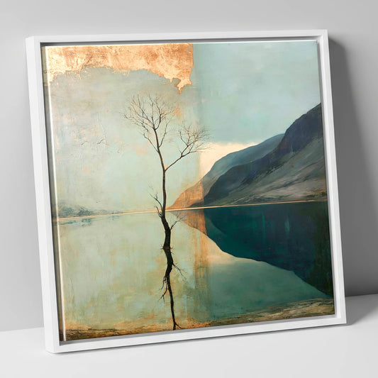 Buttermere Tree with Golden Sky lake district lake canvas wall art in white frame